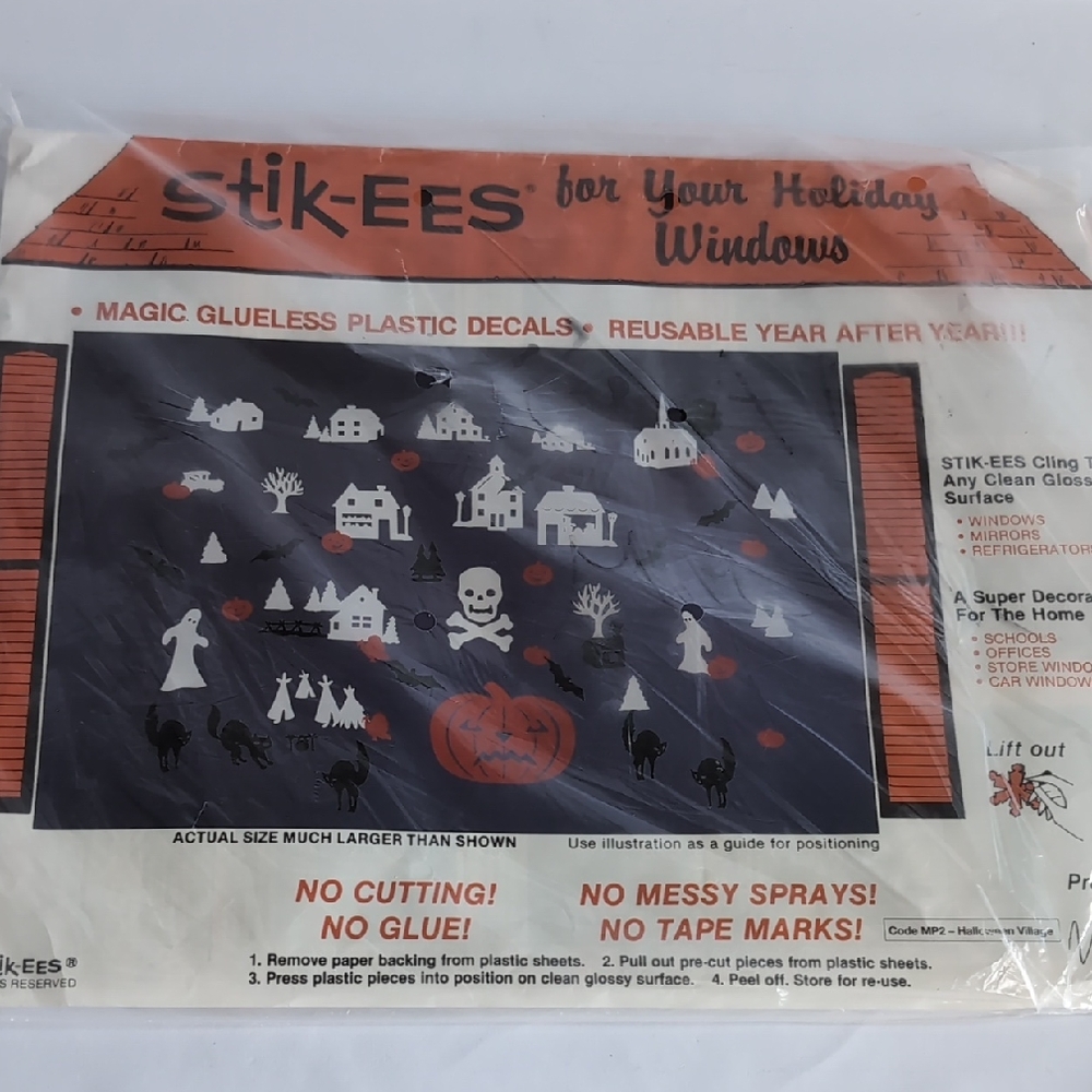 Vtg Stik-EES Vinyl Halloween Village Window Decals Clings Skeleton 1993 NIP